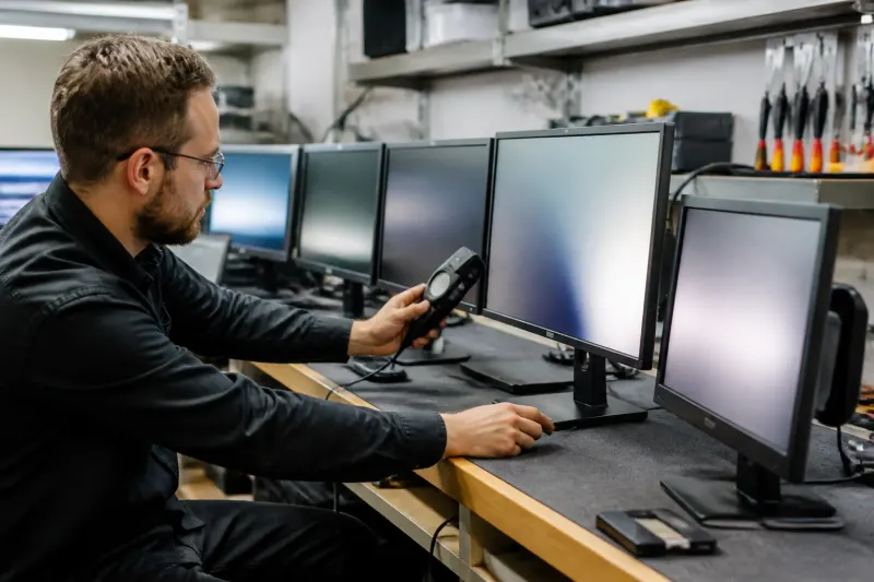 A technician at a workbench comparing monitors for brightness.