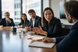 A meeting room with participants discussing a Bitcoin perpetual contract case.