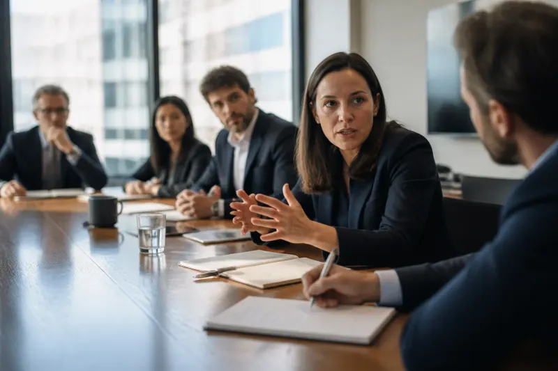 A meeting room with participants discussing a Bitcoin perpetual contract case.