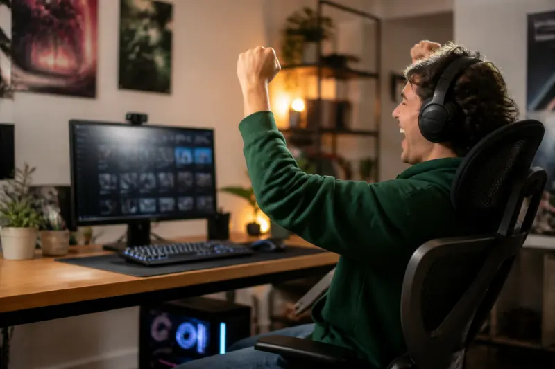 A satisfied gamer celebrating after accessing Jellyfin on PS5.