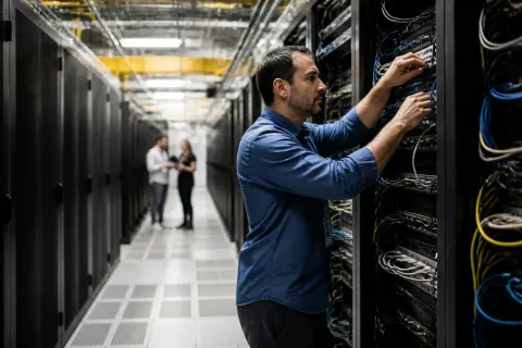 A data center with server racks operating under bright lights.