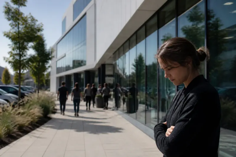 An exterior view of the OpenAI headquarters with a sign visible at the entrance.