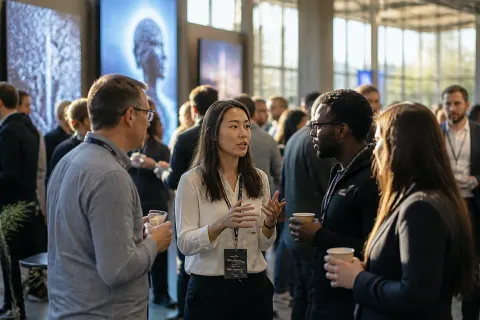 A tech conference focused on artificial intelligence with participants engaged in discussions.