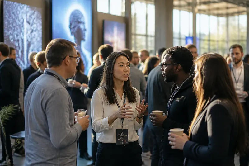 A tech conference focused on artificial intelligence with participants engaged in discussions.