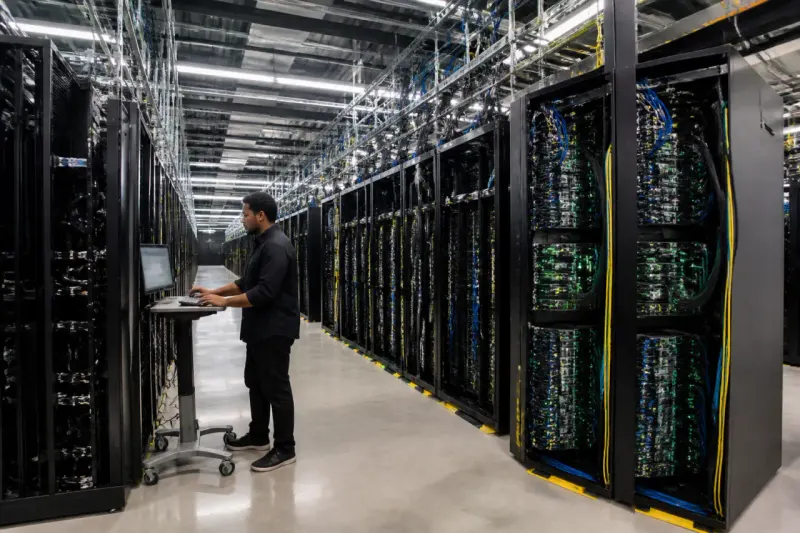 Data center filled with AI processors, symbolizing computational power.