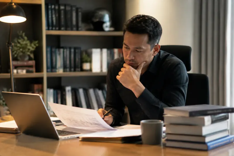 A thoughtful cybersecurity professional analyzing AI accountability.