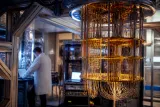 A digital representation of quantum computing technology impacting blockchain.