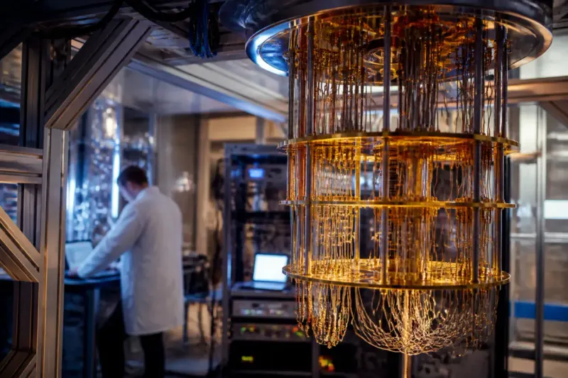 A digital representation of quantum computing technology impacting blockchain.