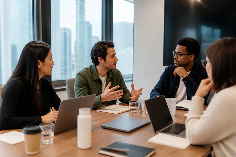 A small team working at a table discussing privacy settings for an AI agent.