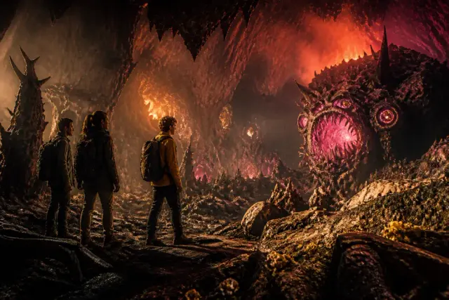An artistic representation of characters exploring a hellscape in Thousand Hells