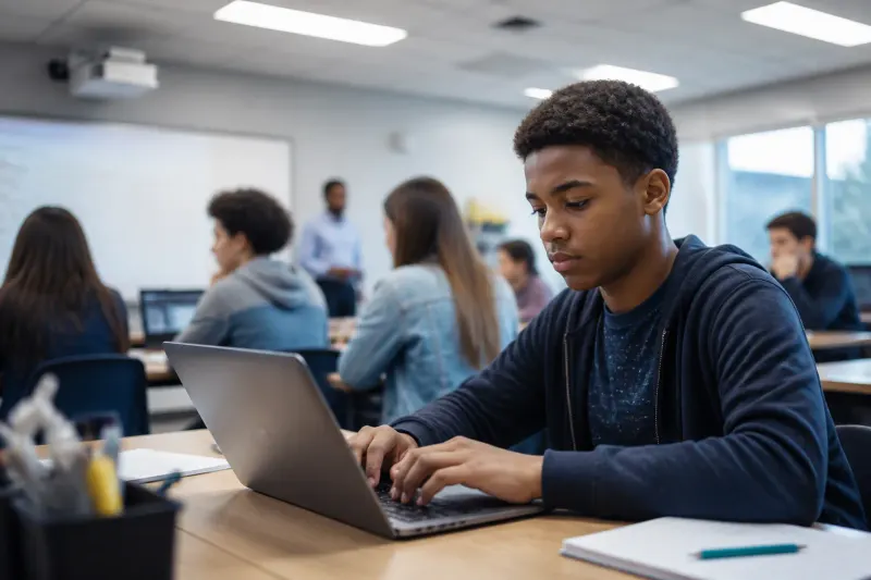 A classroom filled with students sitting at computers with educational software.