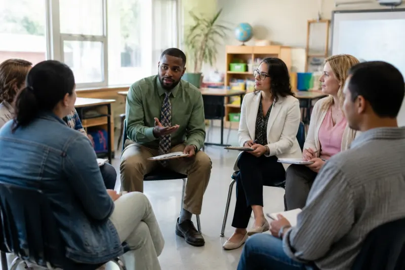 A classroom scene with parents discussing their children's educational needs.