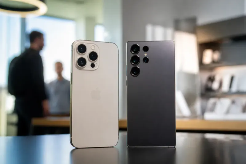 A comparison of the iPhone 18 Pro Max and Samsung Galaxy S26 Ultra showcasing their sleek designs side by side.