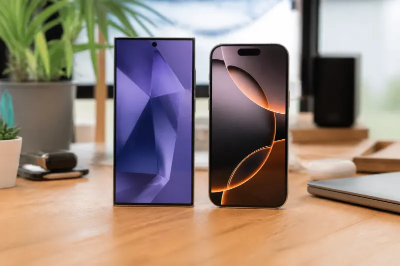 A close-up of the Samsung Galaxy S26 Ultra and iPhone 18 Pro Max side by side showing their design and features.