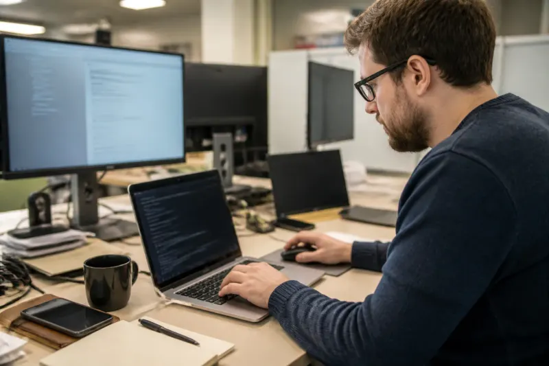 A person setting up BrowserOS on a laptop at a desk with monitors.