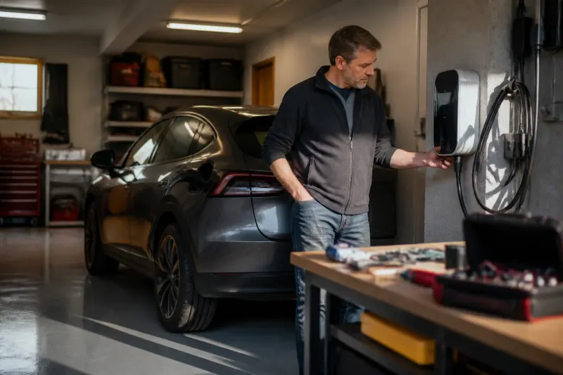 A Level 2 EV charger installed at a home garage