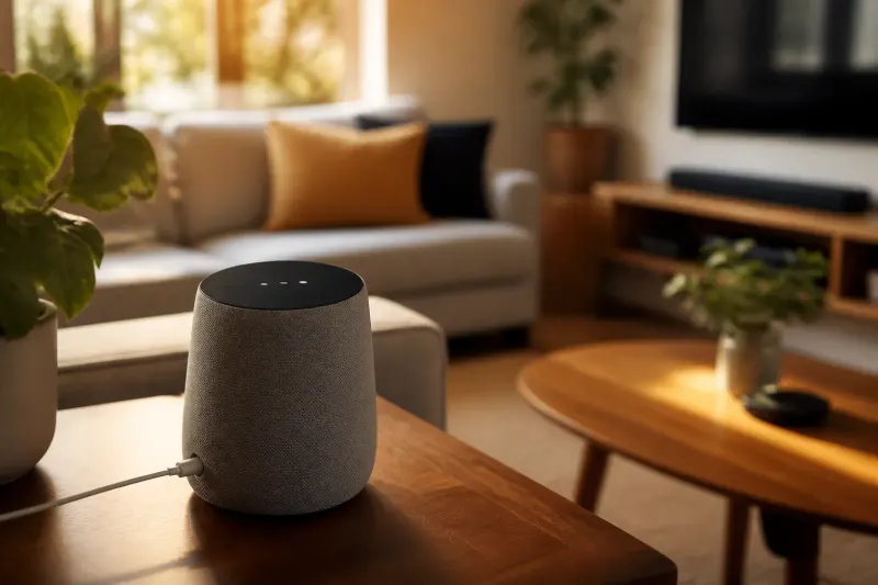 A Google Home Premium Advanced device set up in a modern living room.