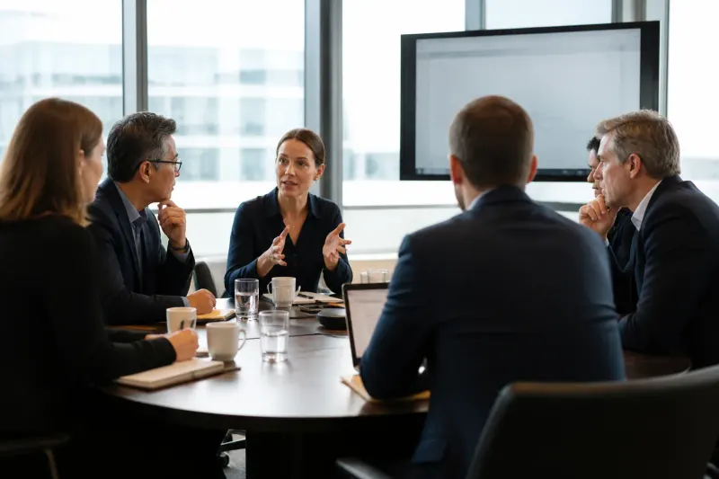 A roundtable discussion involving policymakers and tech leaders on AI regulation.