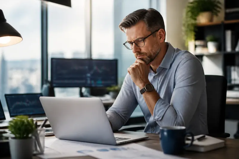 Investor examining treasury bonds and crypto market data in a modern office.