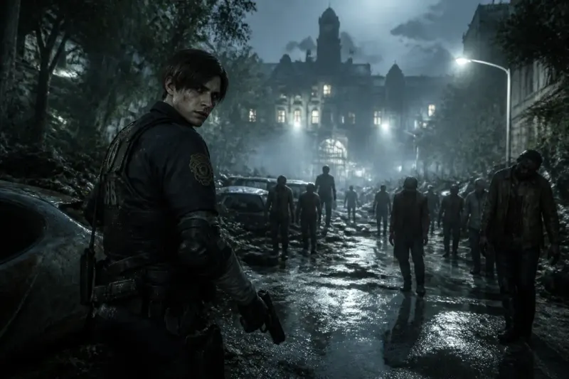 A dark scene from Resident Evil depicting eerie environments filled with zombies.
