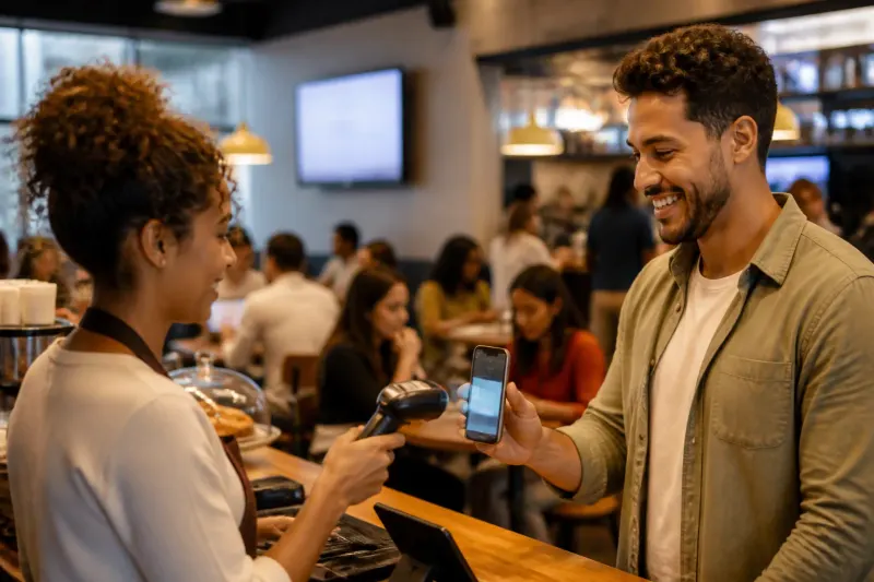 A vibrant payment processing environment in Brazil, showcasing digital transactions at work.