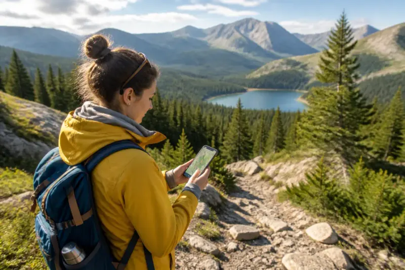 A screenshot of the Organic Maps app showing offline navigation features with a scenic background.