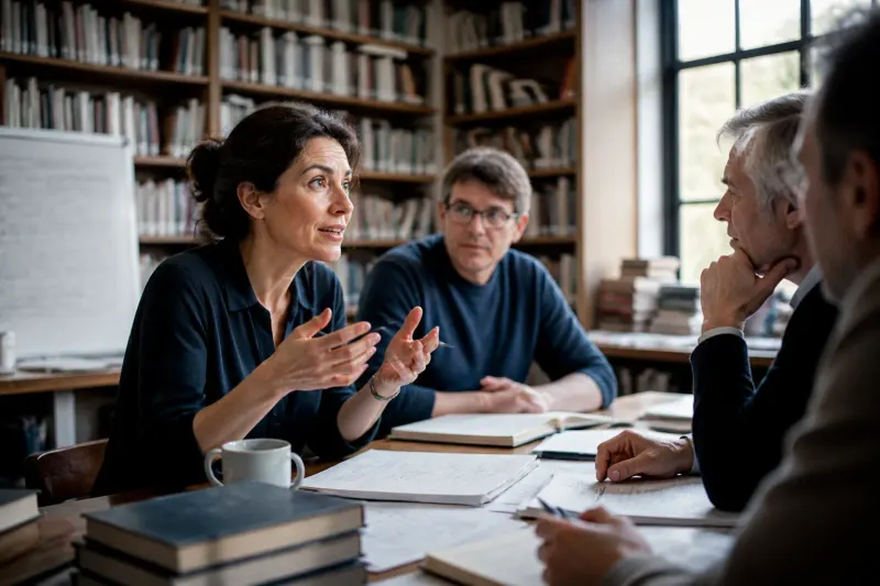 A group of mathematicians discussing collaboration on AI research.