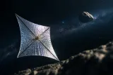 Conceptual illustration of a diffractive solar sail in space targeting an asteroid