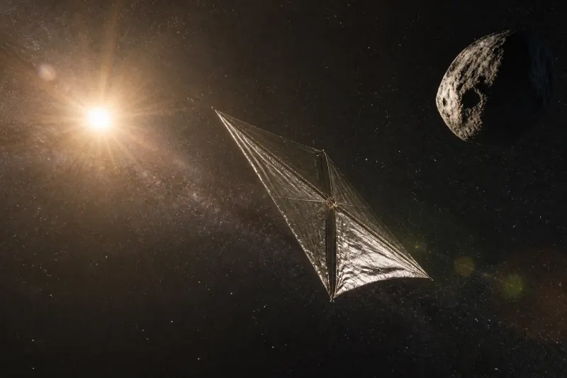 Diagram illustrating a solar sail’s trajectory towards a hazardous asteroid