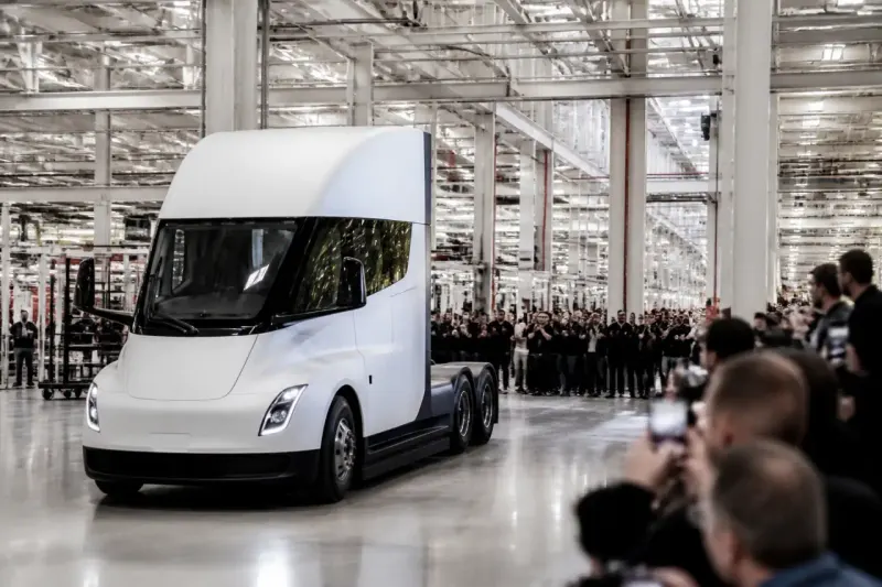 A Tesla Semi truck parked at the new Semi factory in Nevada during delivery event.