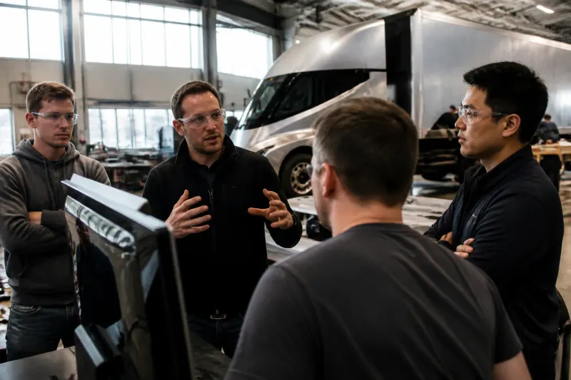 Tesla engineers discussing the Semi's features on the factory floor.