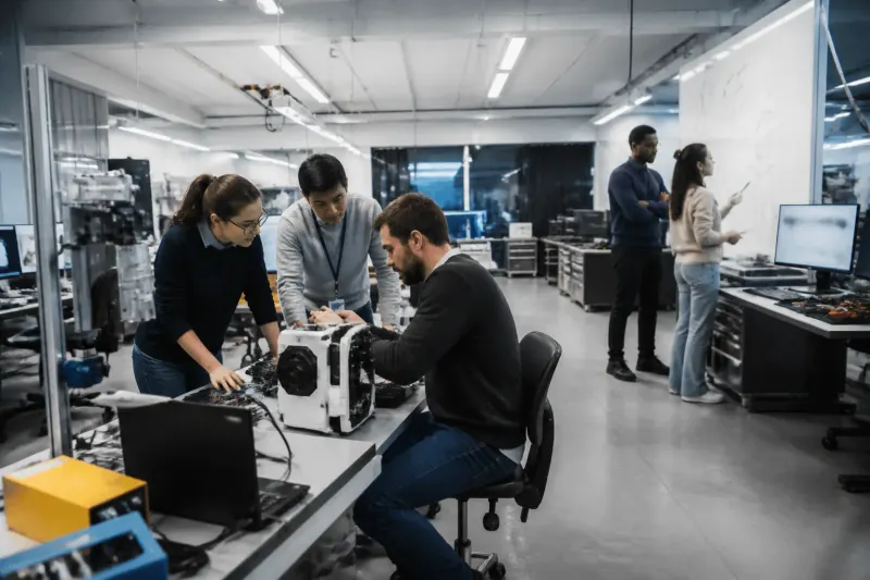 A busy workshop with various AI research projects in progress.