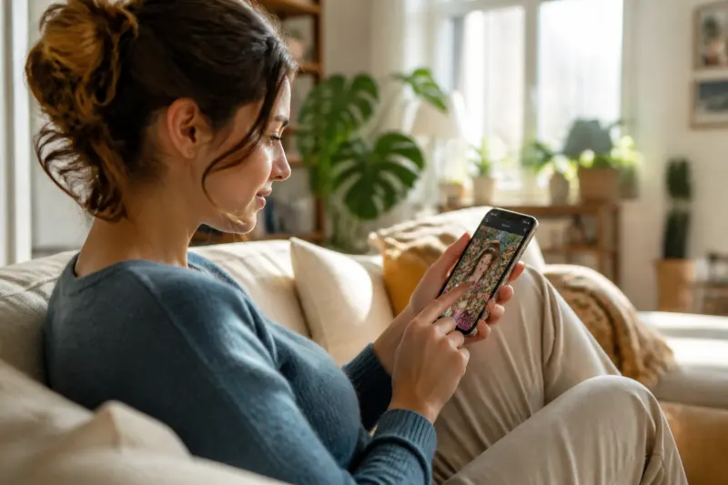 A user interacting with Meta Muse AI on a mobile device in a bright, modern living space.