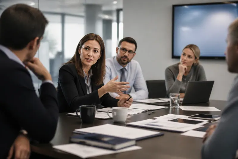 A busy finance office scene with analysts discussing liquidity providers.