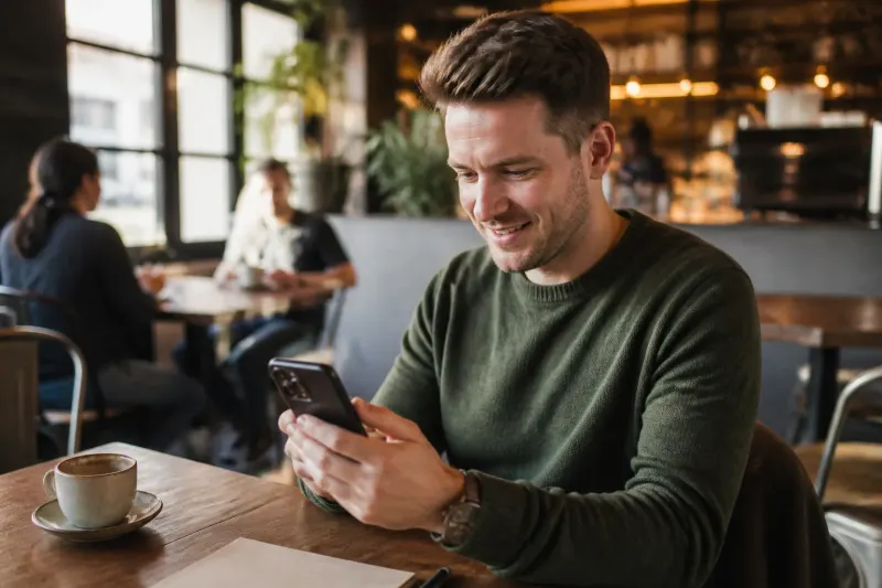 A person engaged in text messaging with an AI assistant on their smartphone.