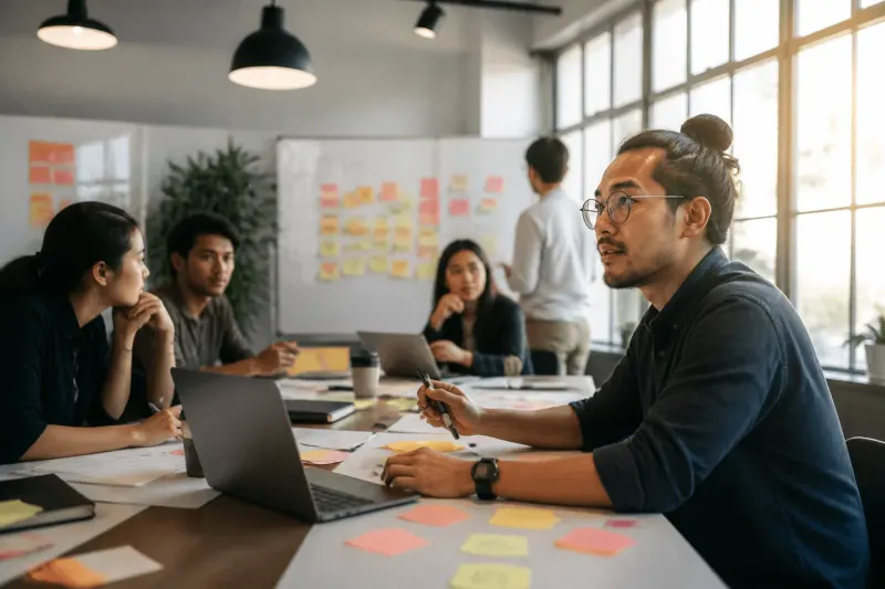 A team of engineers collaborating over a large whiteboard filled with diagrams and strategies for token management.