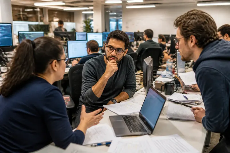 A busy office scene showcasing a team struggling with vulnerability reports.
