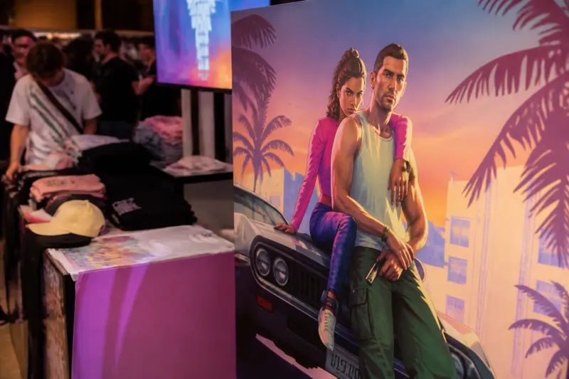 Rockstar Games logo with background showing excitement for GTA 6.