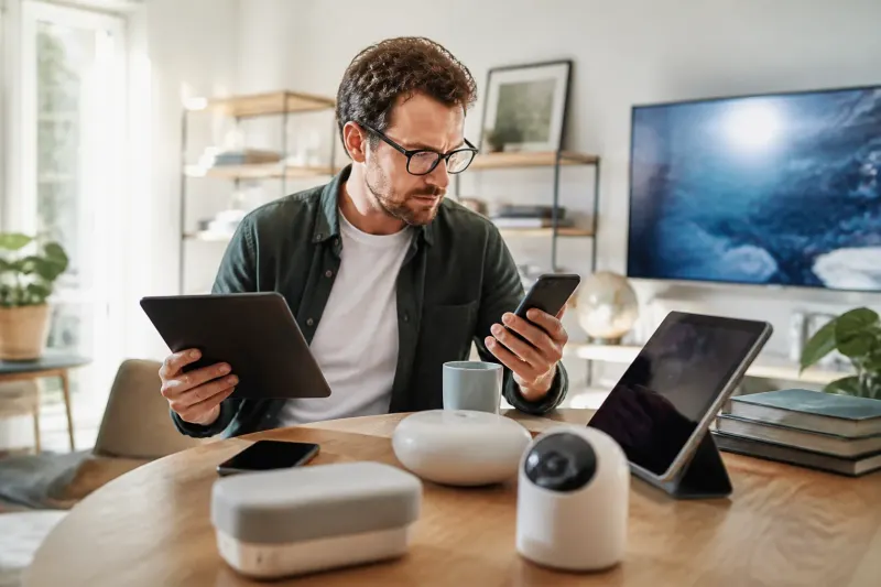 A person interacting with smart devices in a tech-savvy environment.