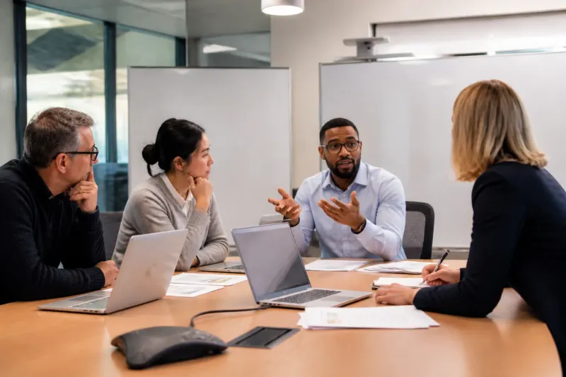 A team of analysts discussing cryptocurrency transaction protocols at a table.