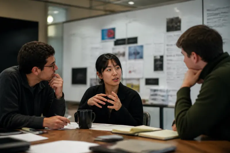 OpenAI researchers discussing safety protocols at a conference.