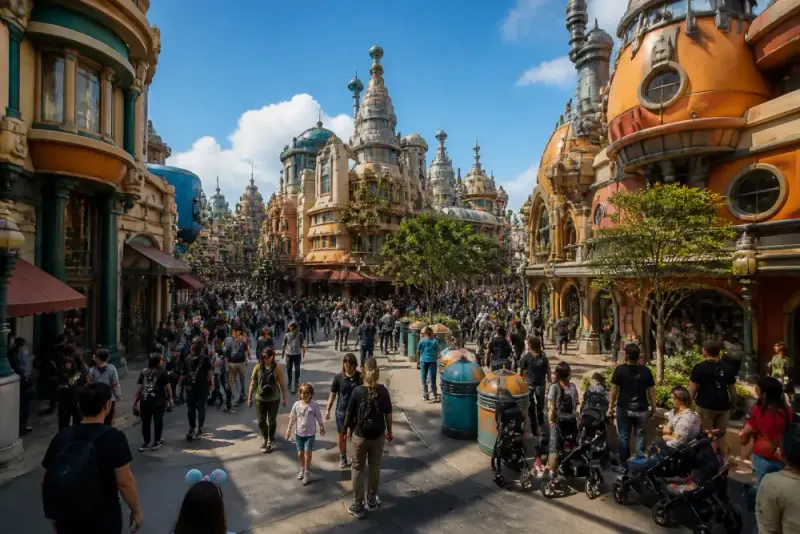 An artistic perspective of a busy urban landscape filled with animated characters.