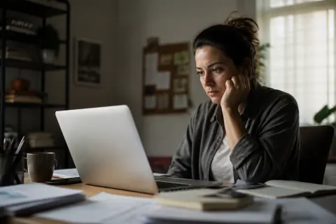 A worried individual considering job options in a dim room.