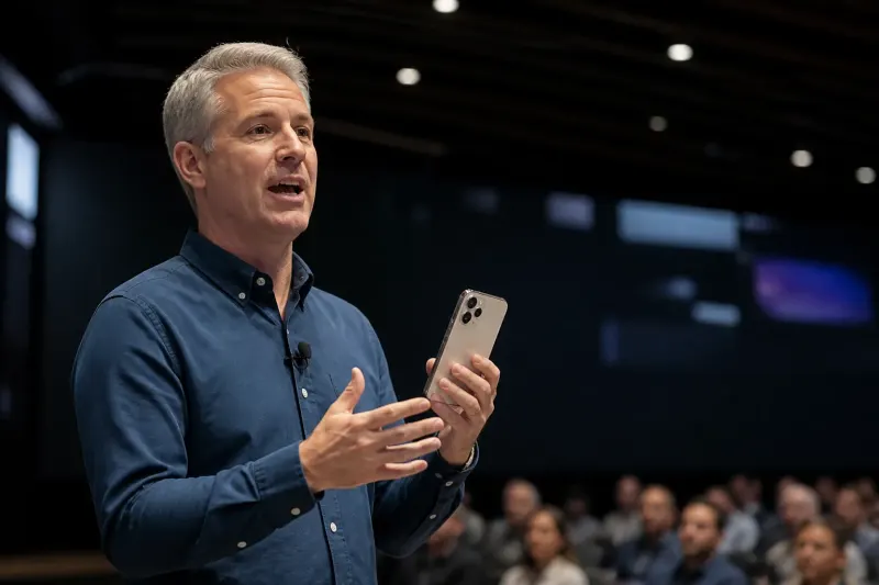 Apple designer discussing iOS 27 optimizations for the iPhone Duo