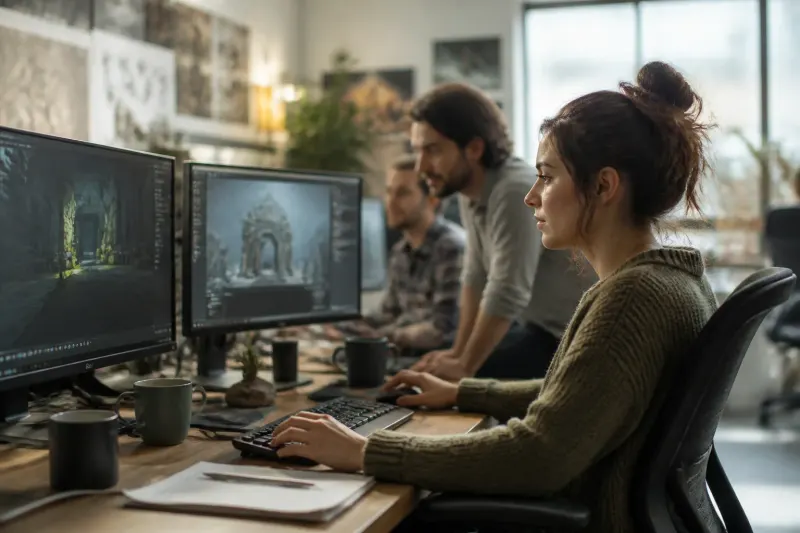 A vibrant showcase of game development in progress, featuring code on a screen with game design elements.