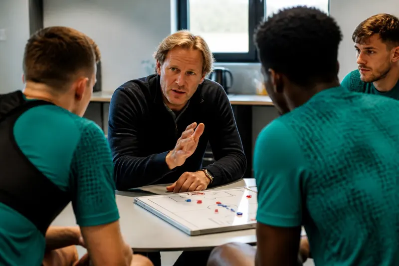 Reedijk coaching players during a strategy session.