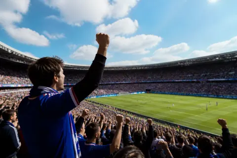 Football fans experiencing a live match in a crowded stadium.