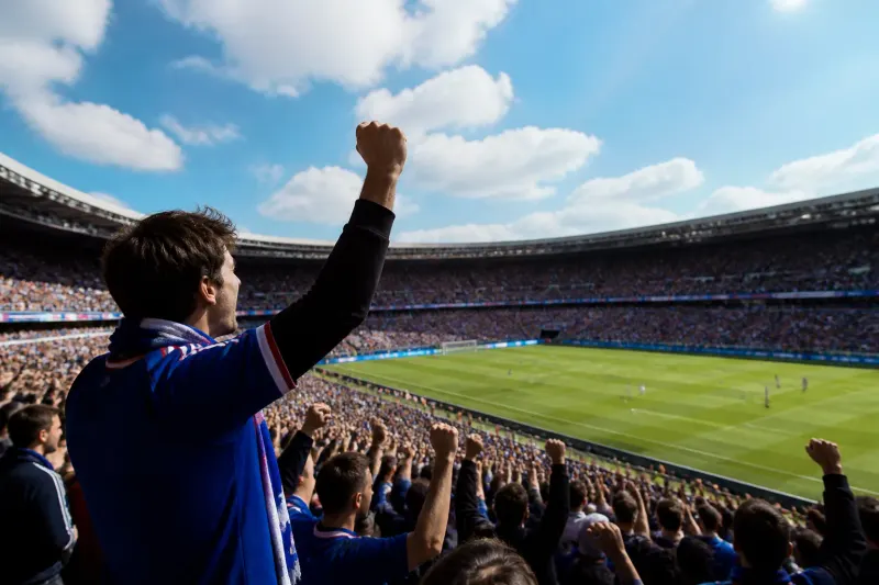 Football fans experiencing a live match in a crowded stadium.