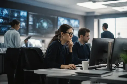 A cybersecurity team reviewing recent breach alerts on monitors.