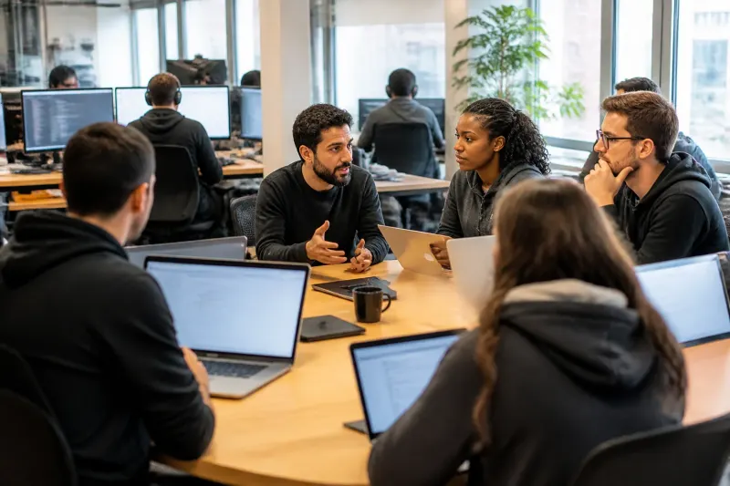 Cybersecurity team analyzing breach details on monitors in a bright office.